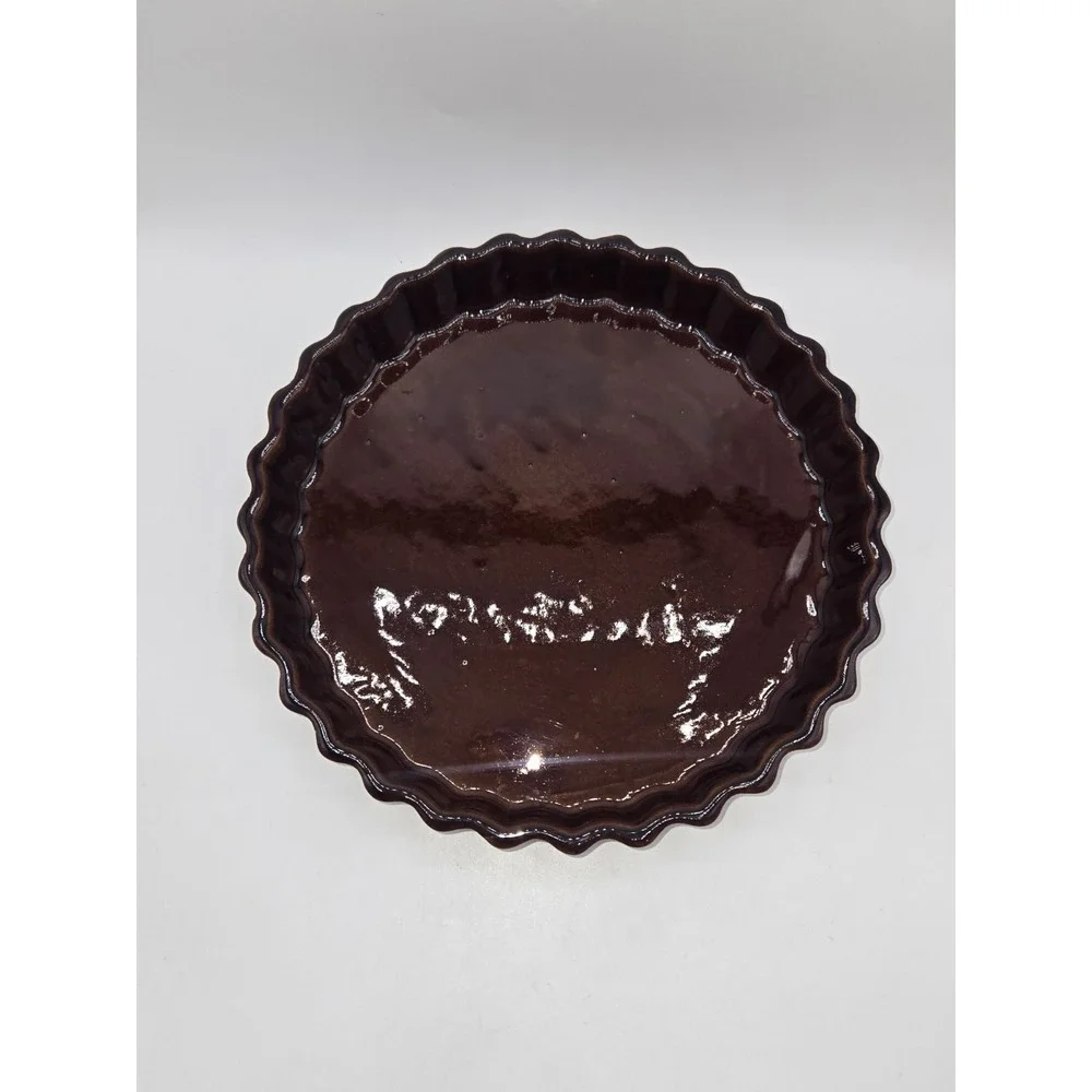 Vintage Brown Glazed Stoneware Quiche Tart Pan Fluted Ceramic Baking Dish 9.5